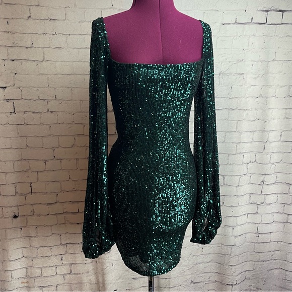 Lucy in the sky green teal sequin long sleeve mini dress size medium - Picture 1 of 6